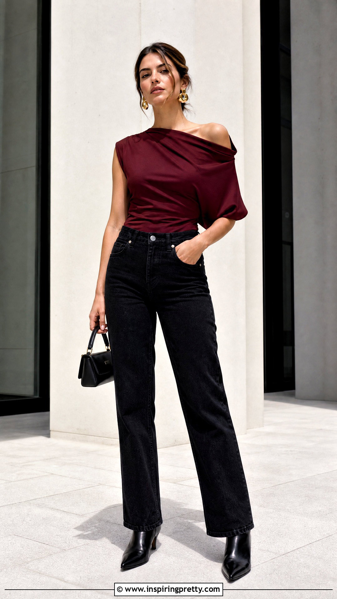 Maroon Asymmetrical Top With Black Jeans - 50 maroon top and jeans outfit ideas