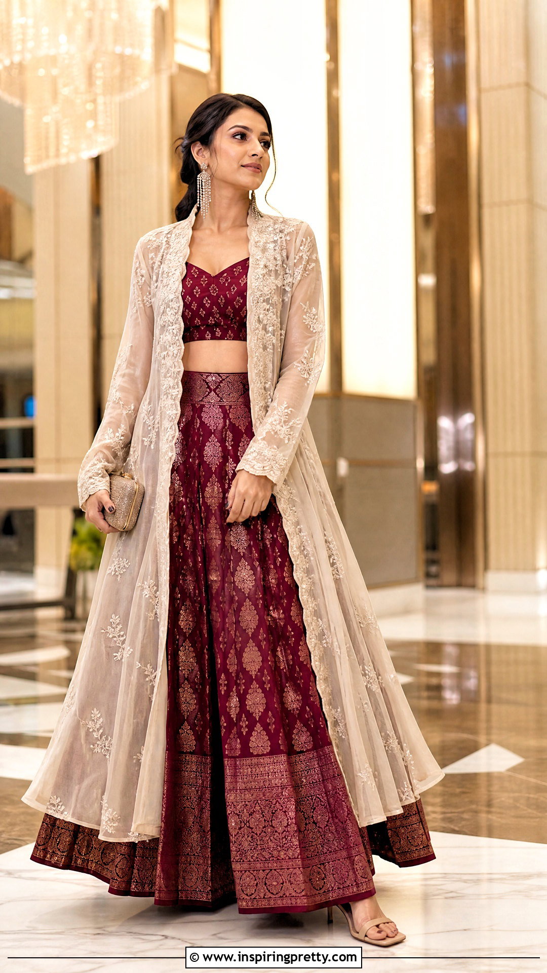 Maroon Banarasi Skirt With Long Jacket Top - 50 banarasi skirt and top outfit ideas