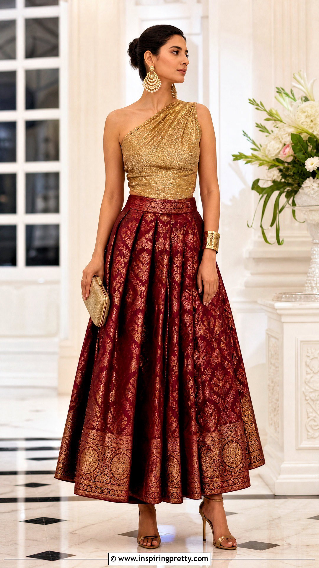 Maroon Banarasi Skirt With One Shoulder Top - 50 banarasi skirt and top outfit ideas