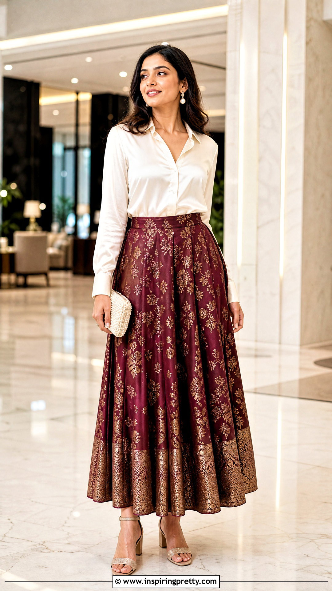 Maroon Banarasi Skirt With White Satin Shirt - 50 banarasi skirt and top outfit ideas
