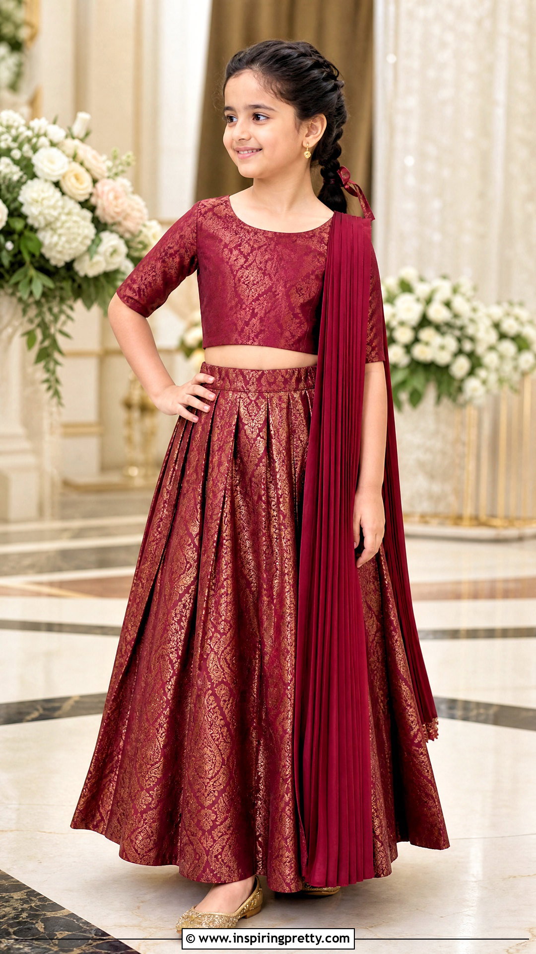 Maroon Brocade Kids Crop Top Lehenga - 50 kids crop top lehenga designs