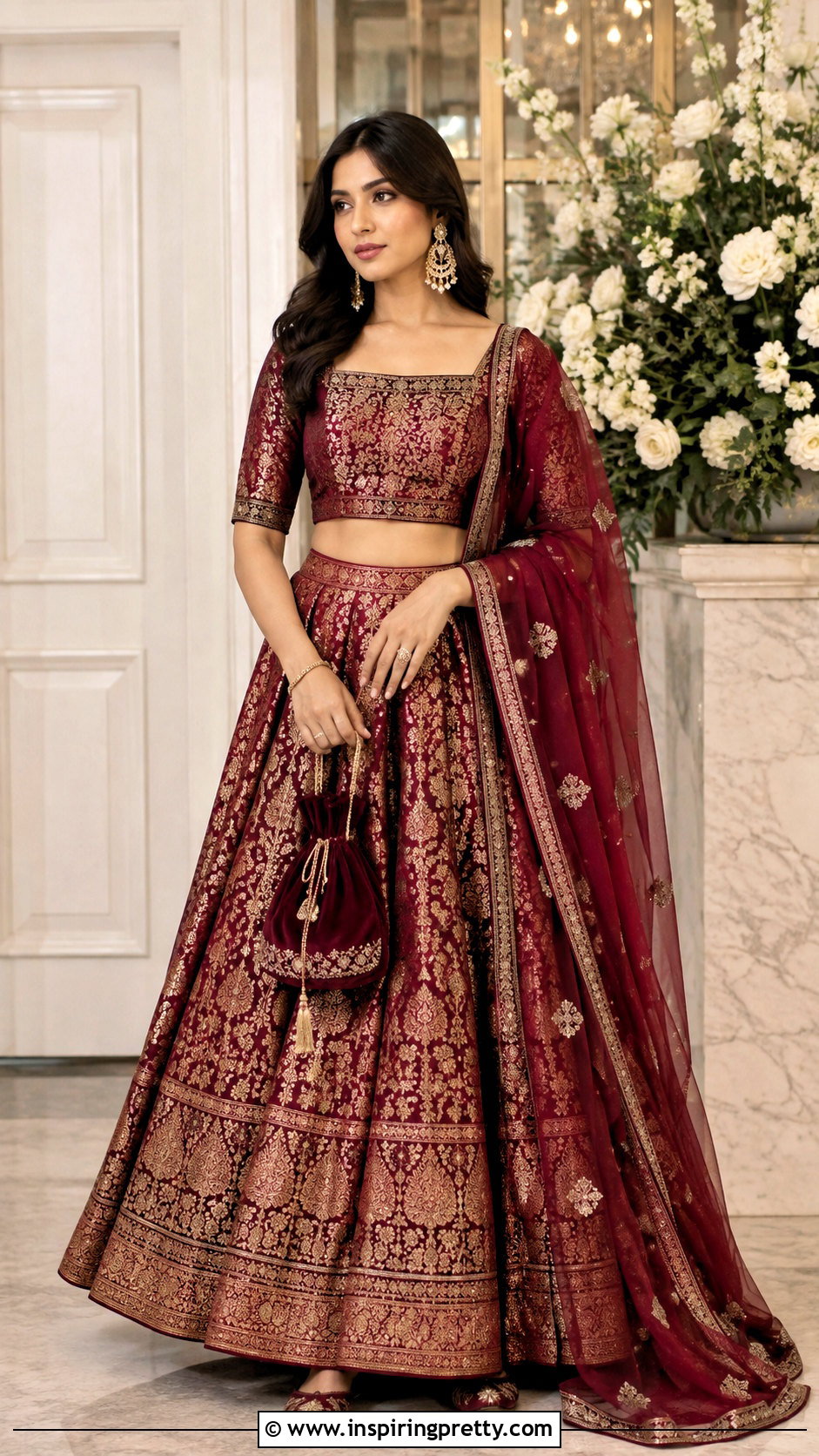 Maroon Brocade Lehenga Crop Top Outfit - 50 party wear lehenga crop tops outfit ideas