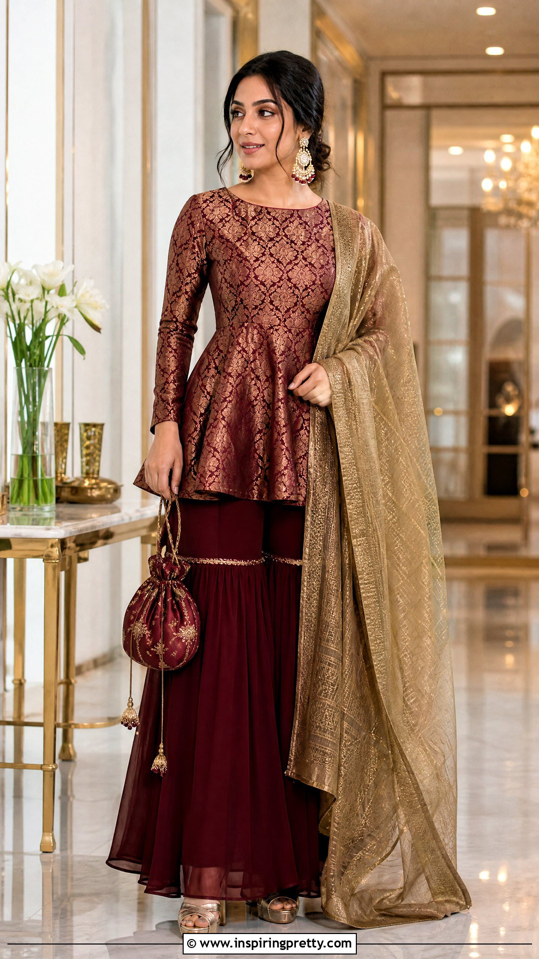 Maroon Brocade Peplum Top With Sharara - 50 peplum top with sharara outfit ideas
