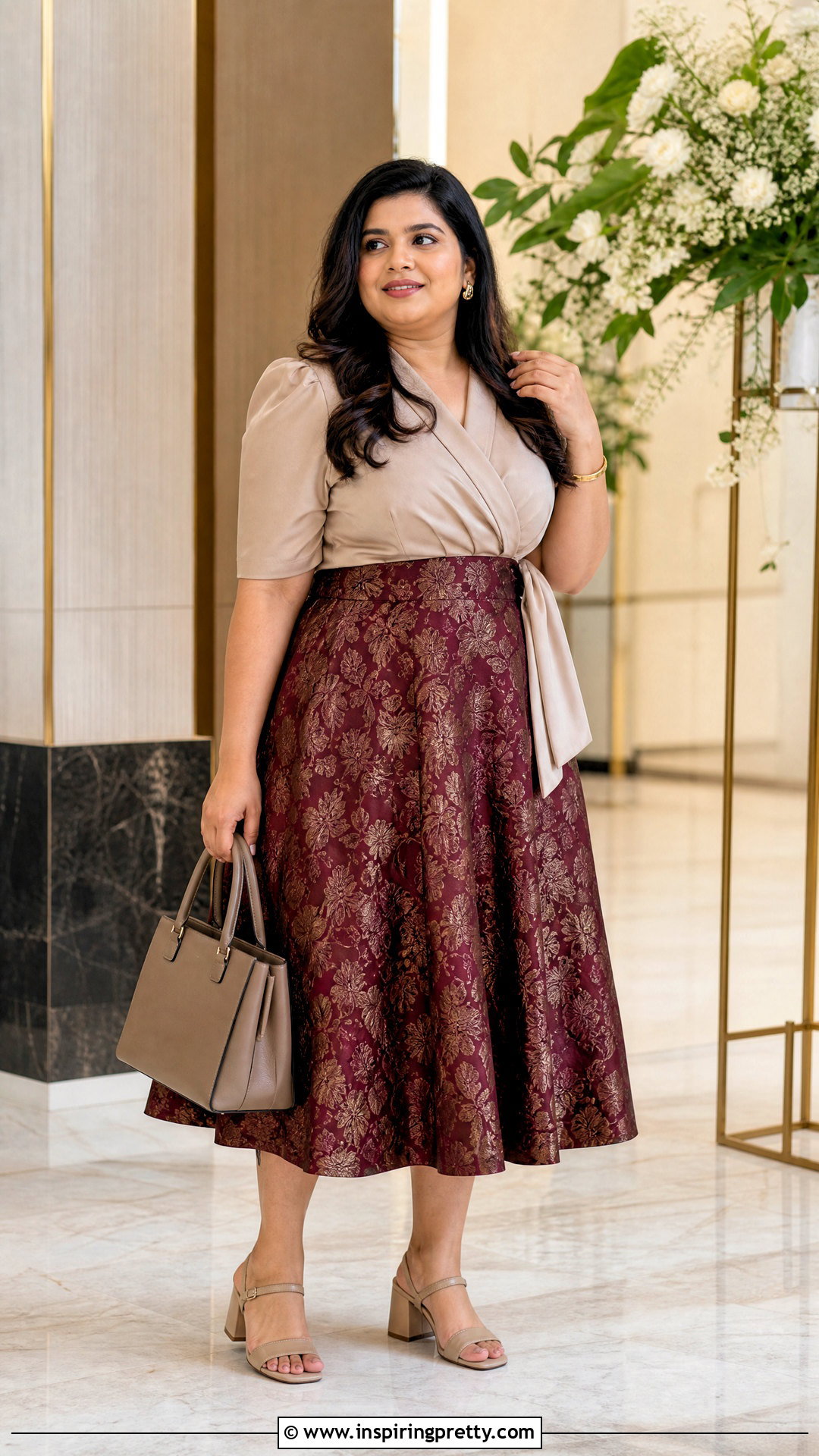 Maroon Brocade Skirt With Beige Wrap Top - 50 brocade skirt and top outfit ideas