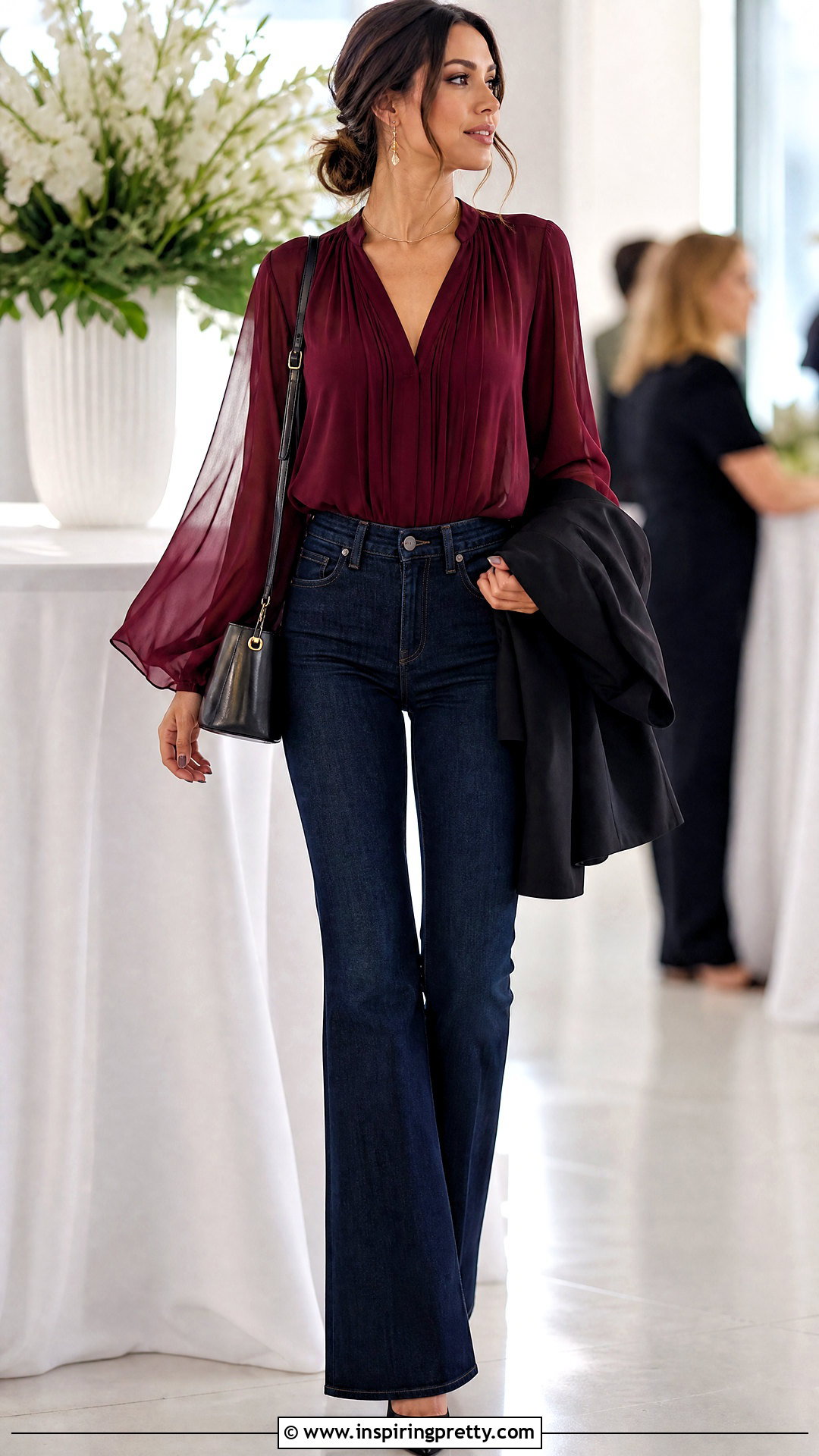 Maroon Chiffon Top With Flare Jeans - 50 maroon top and jeans outfit ideas