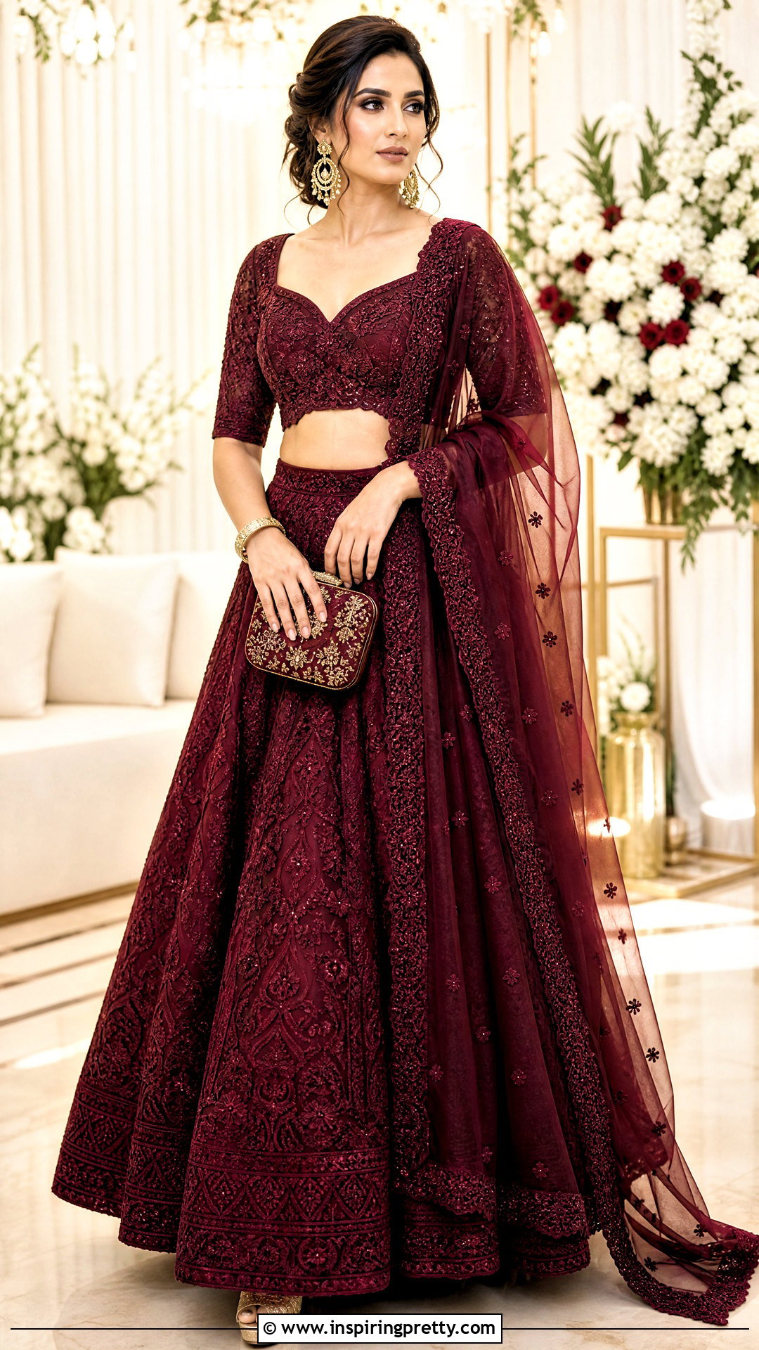 Maroon Chikankari Crop Top Lehenga Outfit - 25 chikankari crop top lehenga outfits