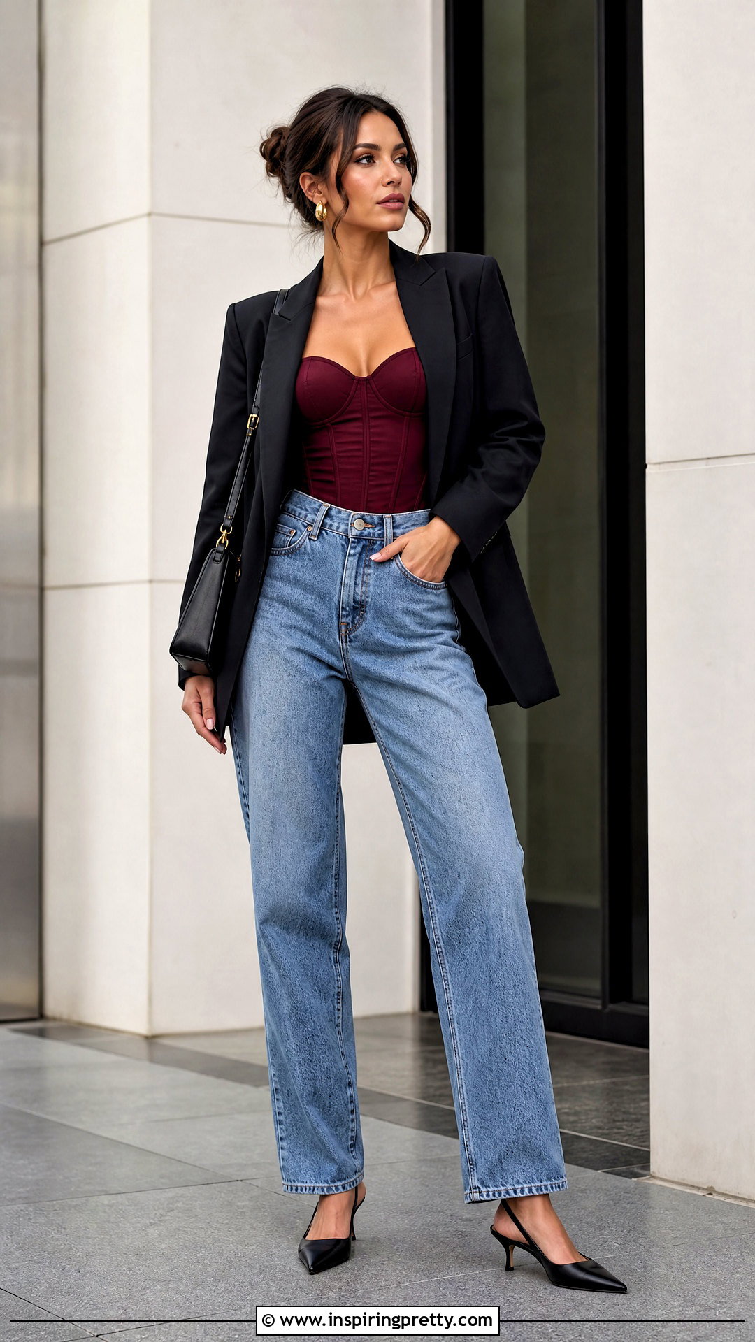 Maroon Corset Style Top With Relaxed Jeans - 50 maroon top and jeans outfit ideas