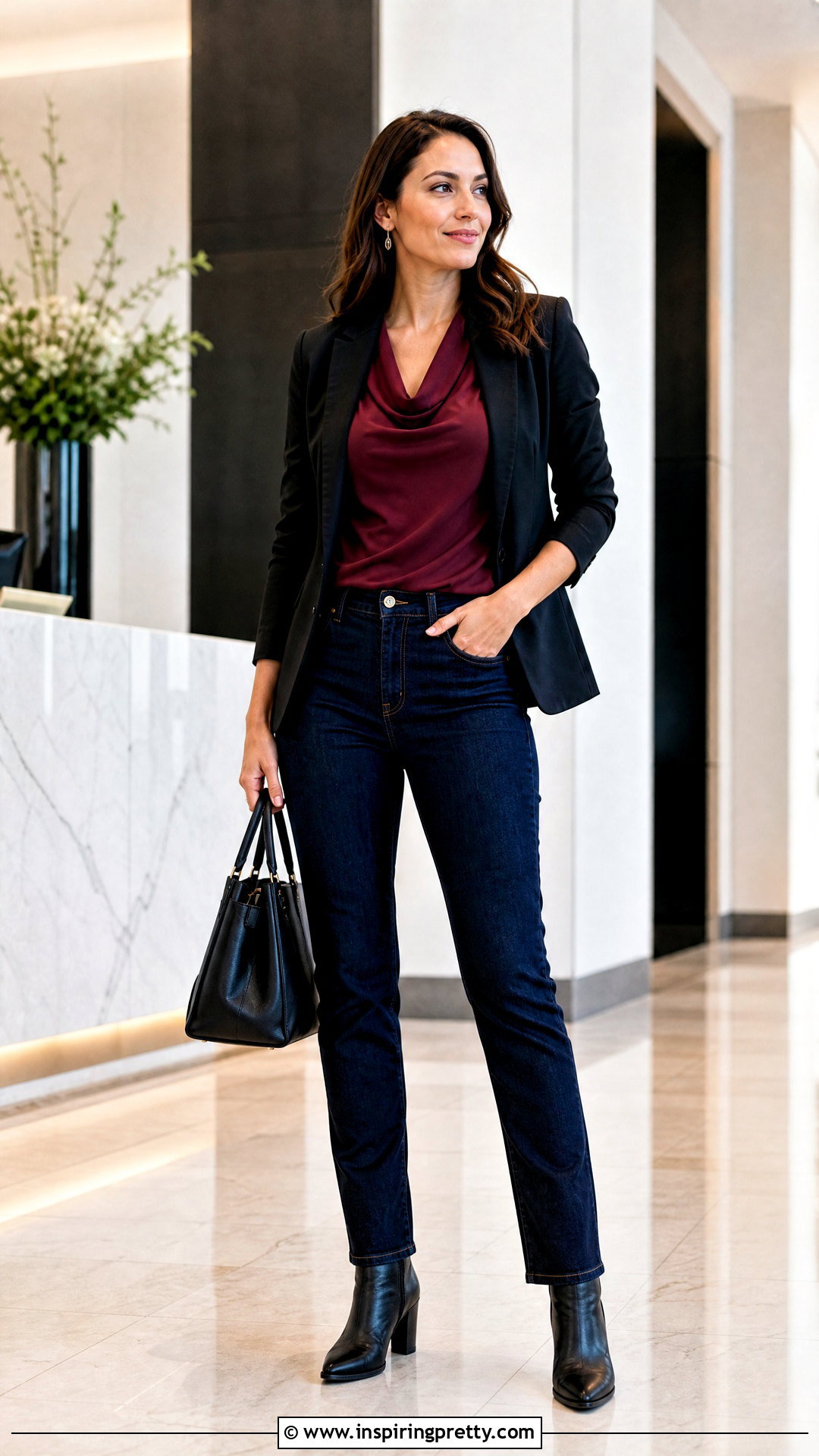Maroon Cowl Neck Top With Dark Jeans - 50 maroon top and jeans outfit ideas