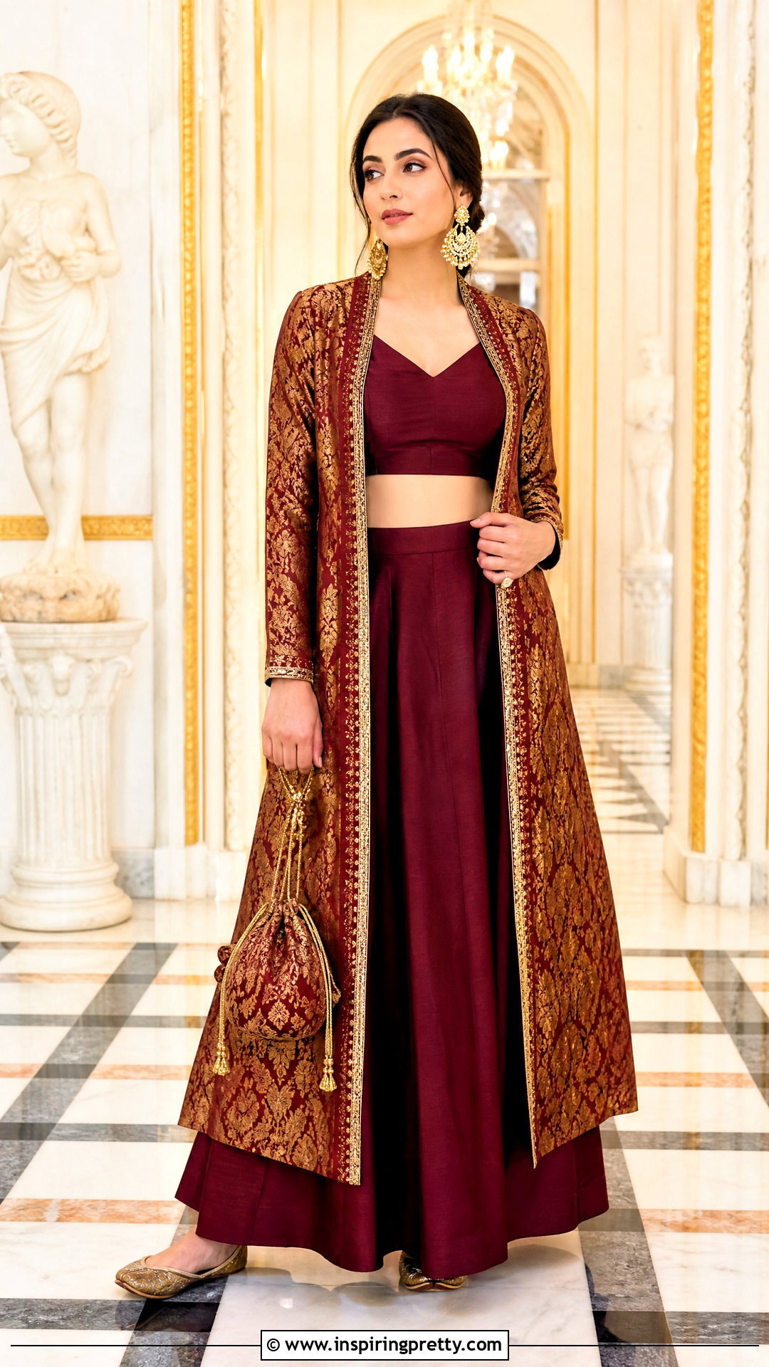 Maroon Crop Top Lehenga With Brocade Jacket - 50 crop top lehenga with jacket outfit ideas