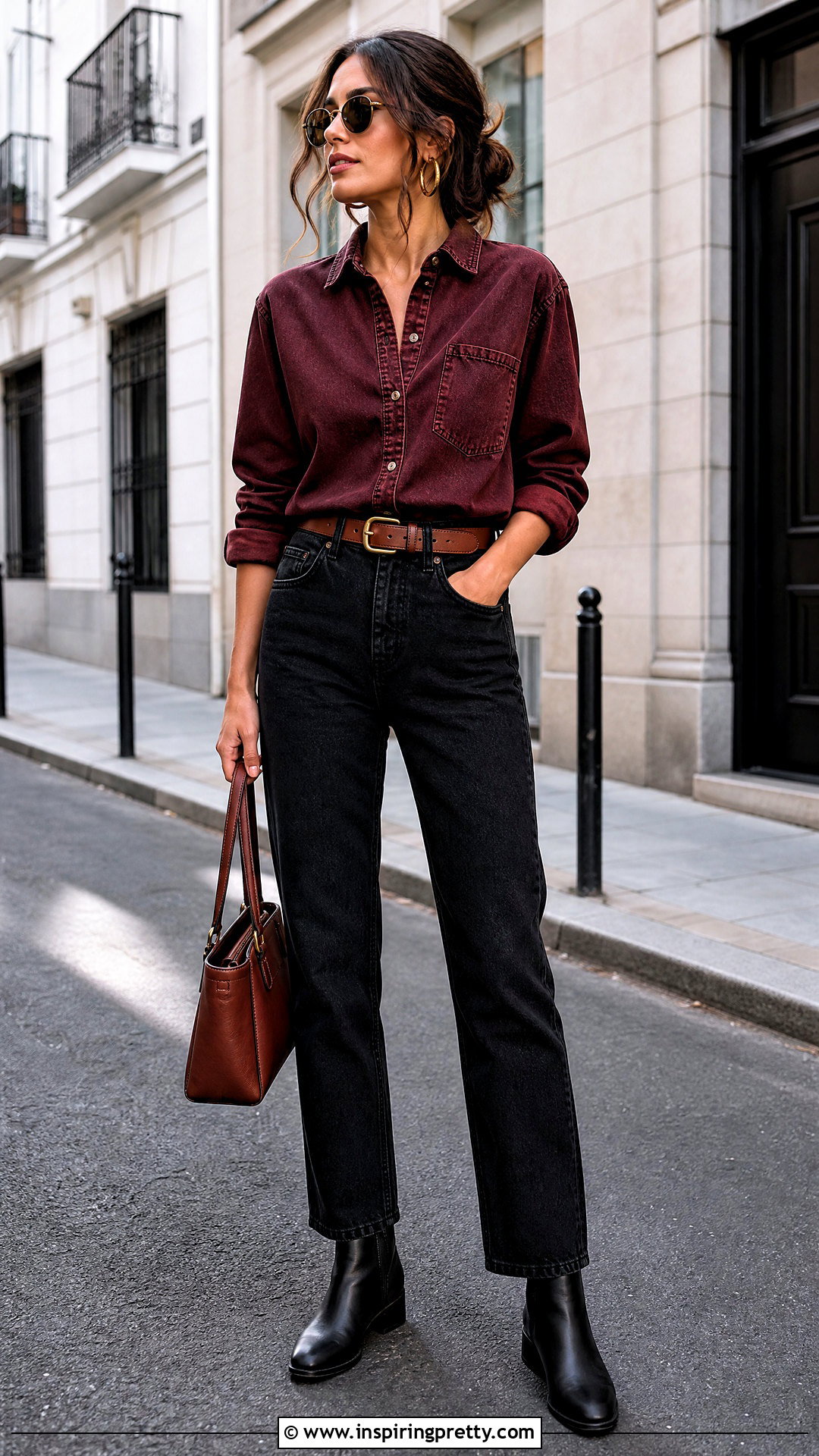 Maroon Denim Shirt With Black Jeans - 50 maroon top and jeans outfit ideas