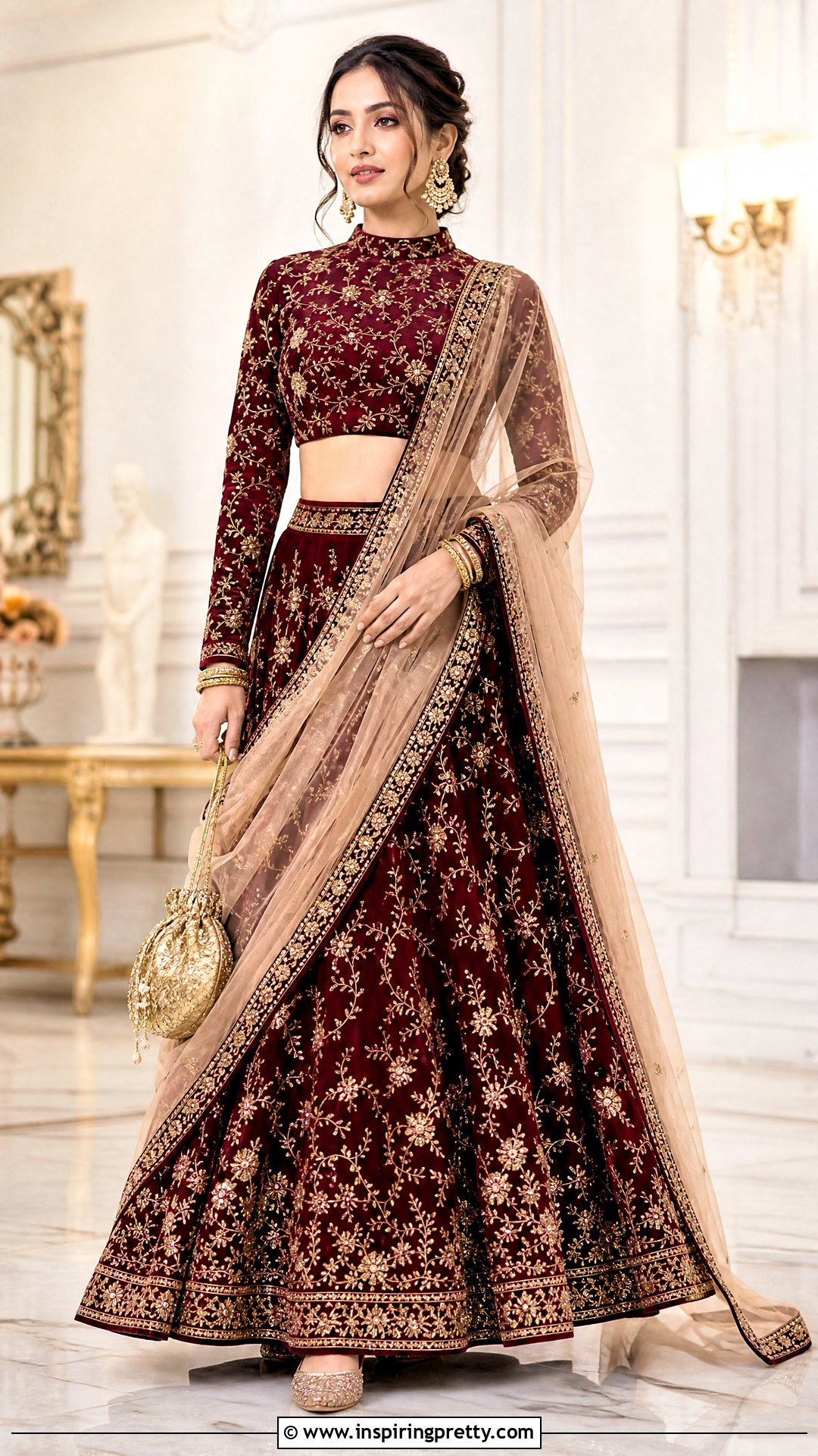 Maroon Full Sleeve Crop Top Lehenga - 50 crop top lehenga designs
