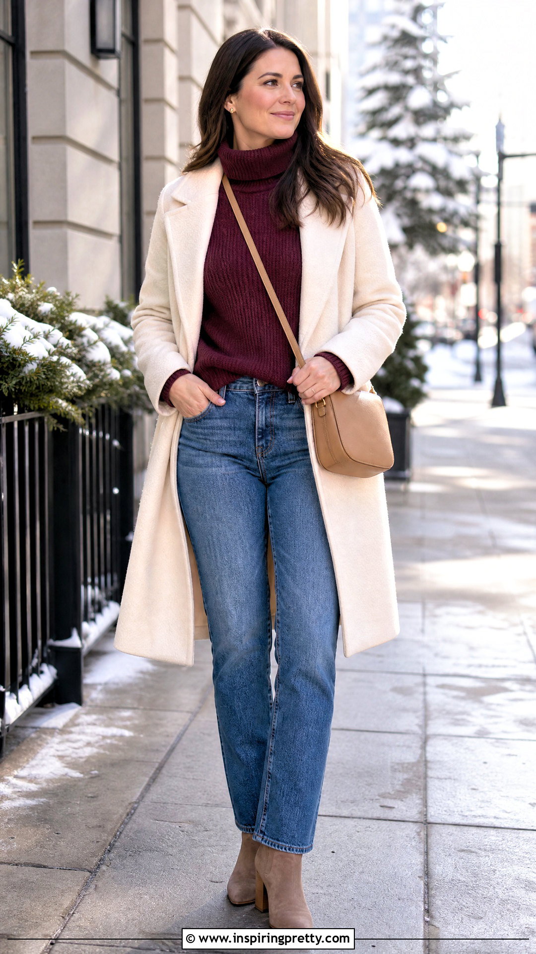 Maroon Funnel Neck Sweater With Straight Jeans - 50 maroon top and jeans outfit ideas