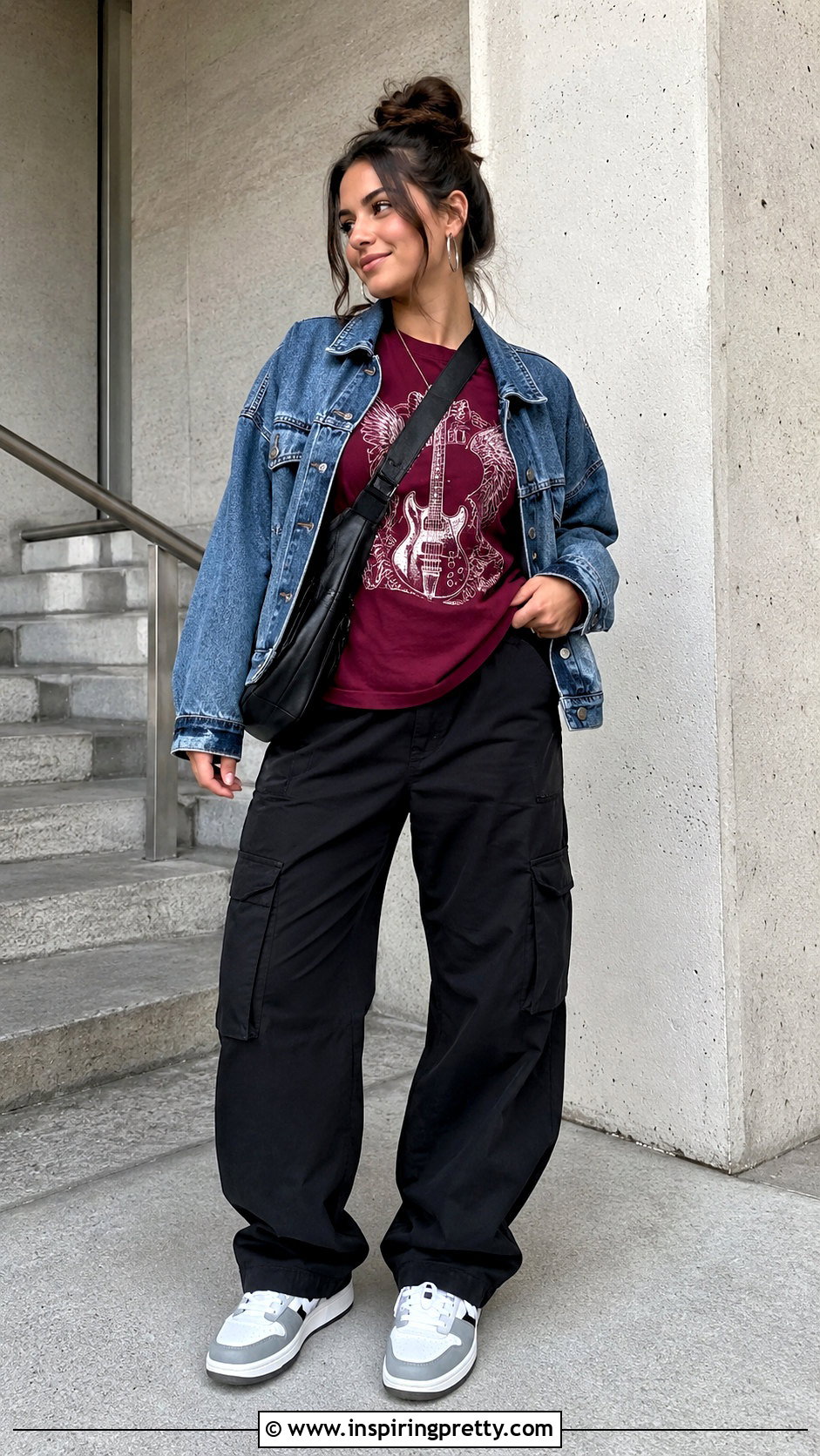 Maroon Graphic Top With Black Cargo Pants - 50 maroon top outfit ideas