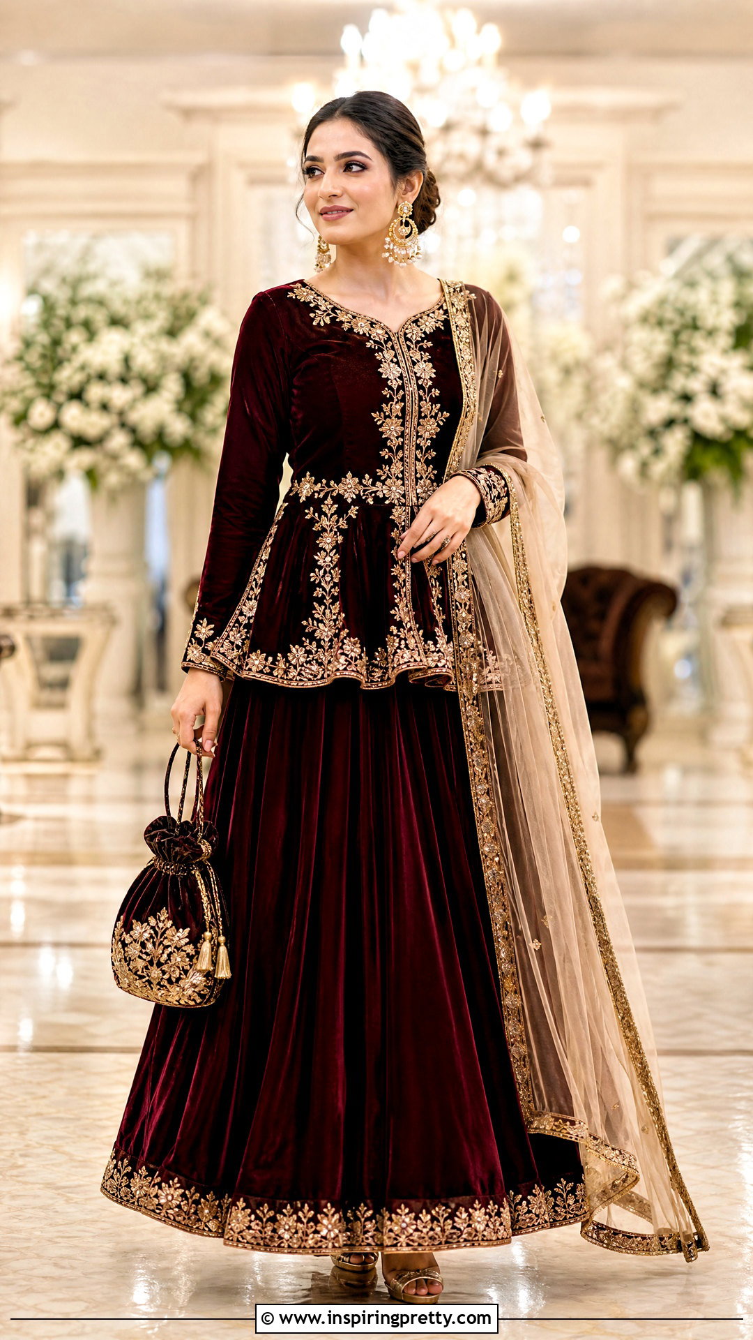 Maroon Indian Peplum Top With Velvet Lehenga - 50 indian peplum top outfits