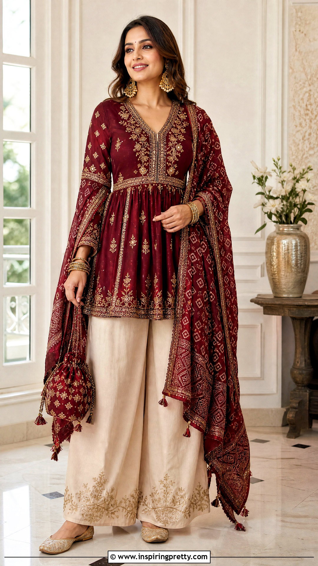 Maroon Kediyu With Beige Palazzo Pants - 50 Kediyu Top For Navratri outfit ideas