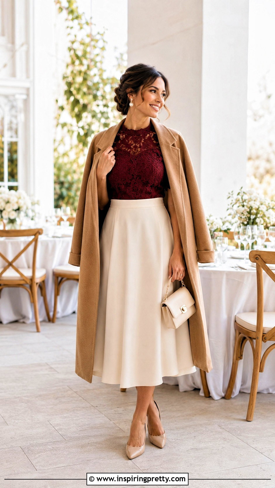 Maroon Lace Top With Ivory Midi Skirt - 50 maroon top outfit ideas