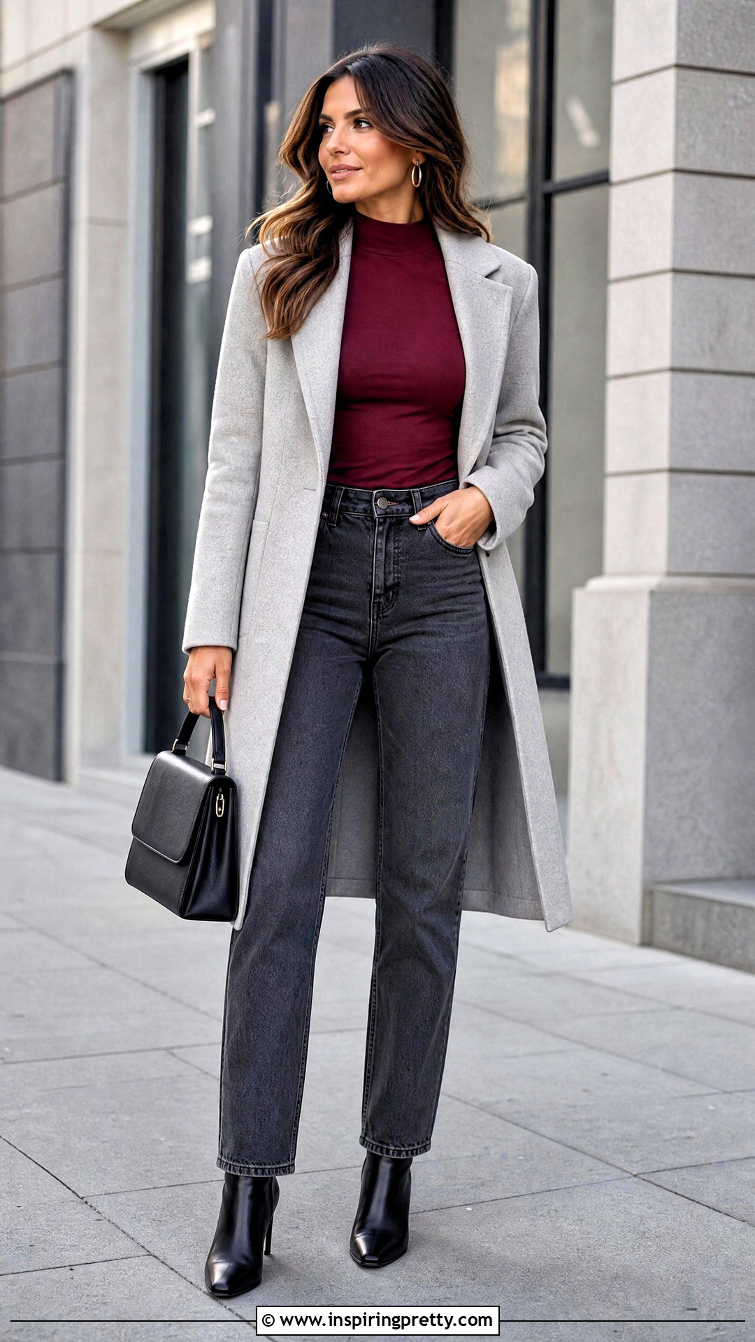 Maroon Mock Neck Top With Gray Jeans - 50 maroon top and jeans outfit ideas