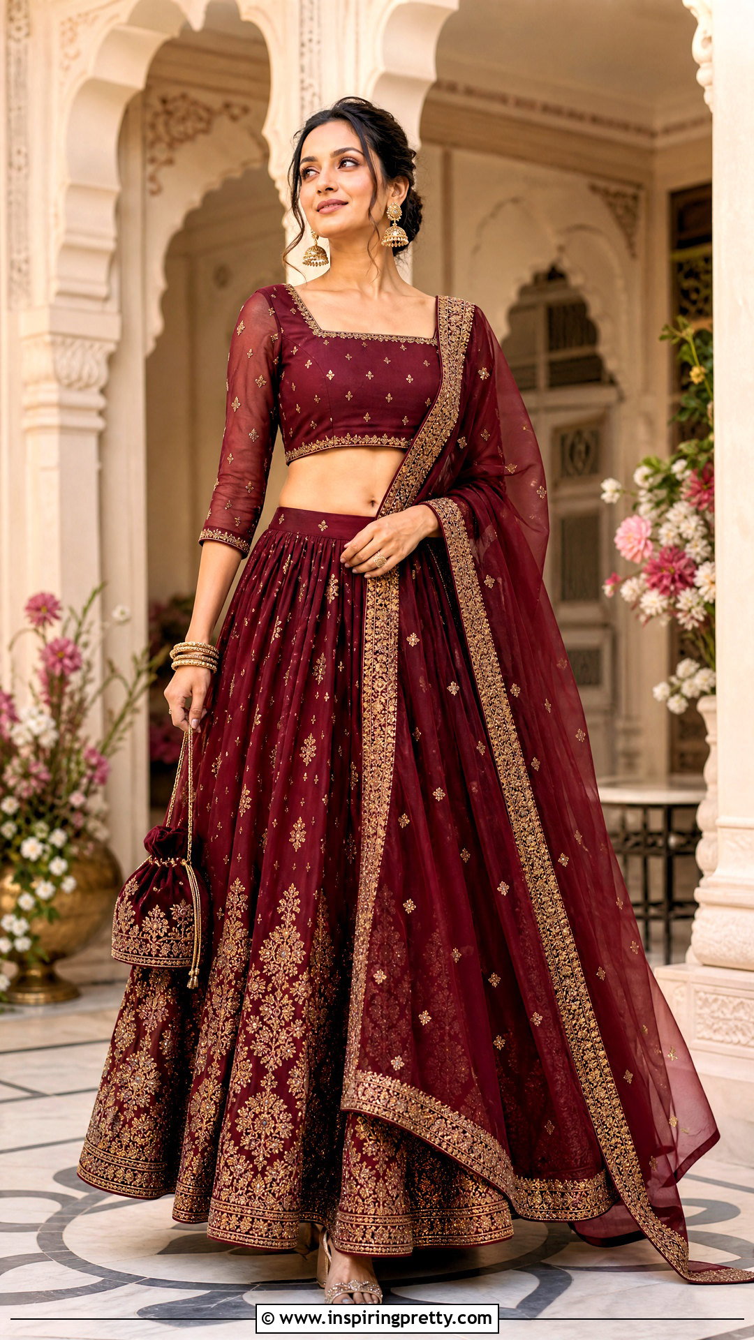 Maroon Organza Crop Top Lehenga Outfit - 50 organza crop top lehenga outfit ideas
