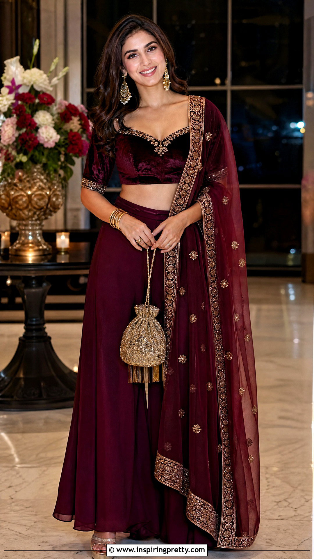 Maroon Palazzo With Velvet Crop Top And Dupatta - 20 plazzo with crop top and dupatta outfit ideas