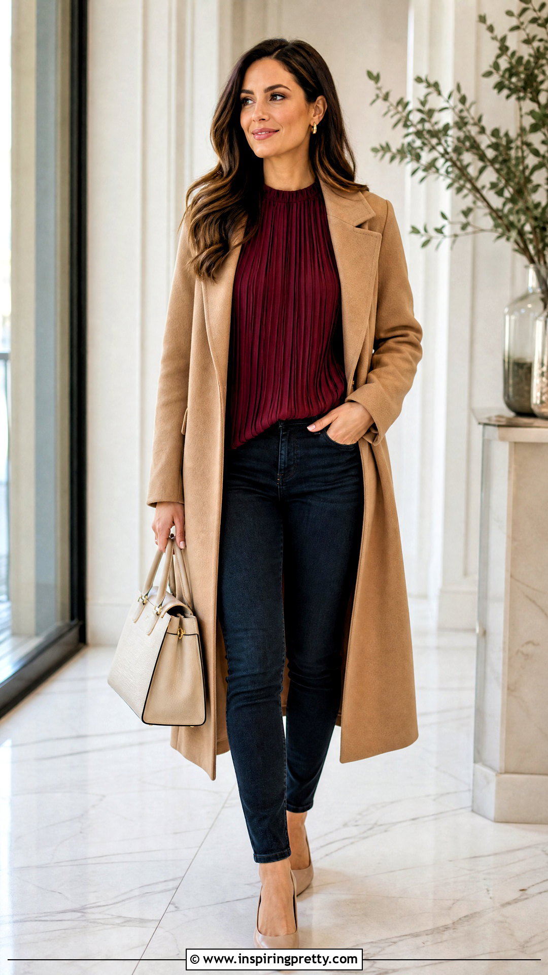 Maroon Pleated Top With Dark Skinny Jeans - 50 maroon top and jeans outfit ideas