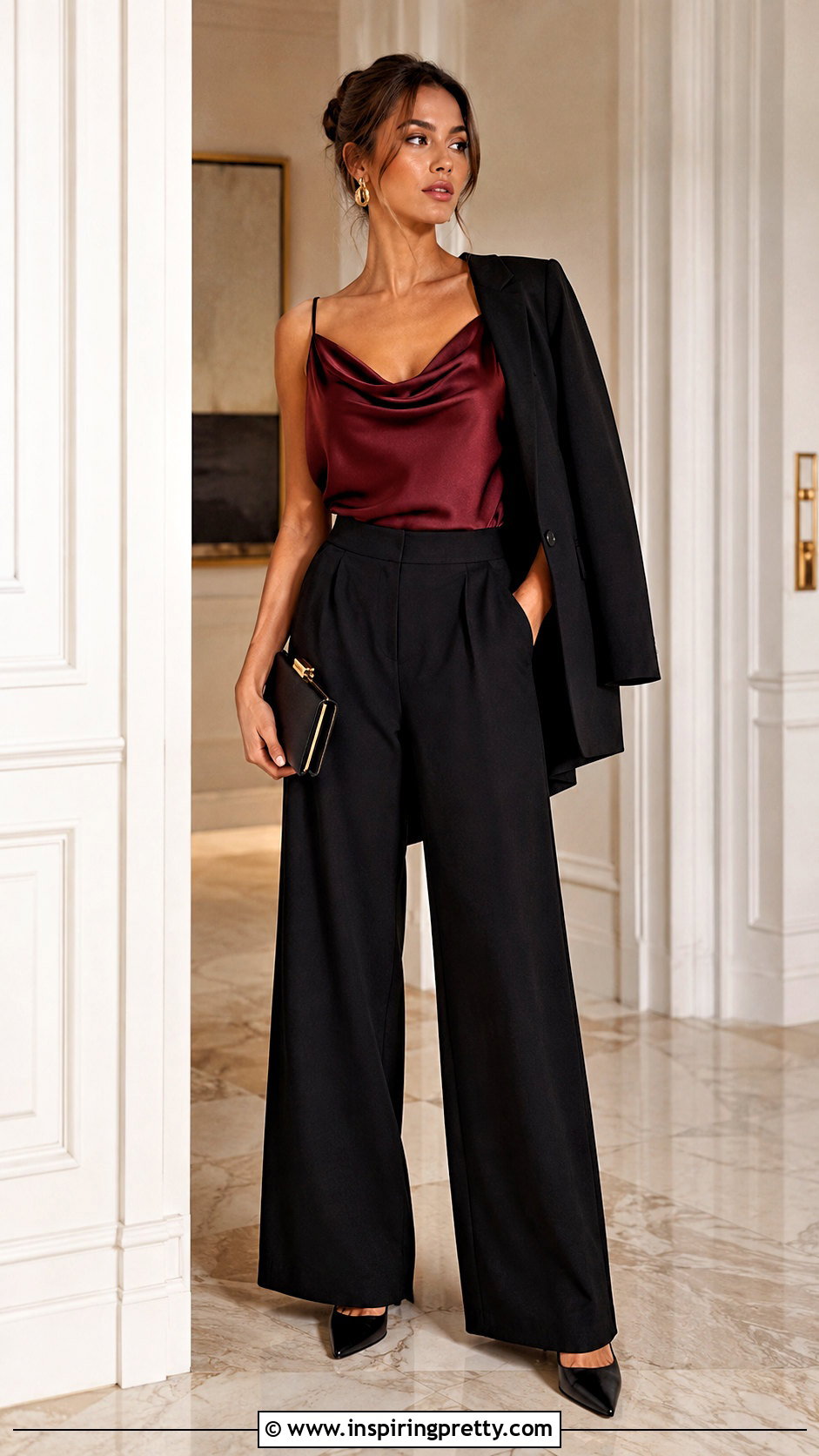 Maroon Satin Top With Black Trousers - 50 maroon top outfit ideas