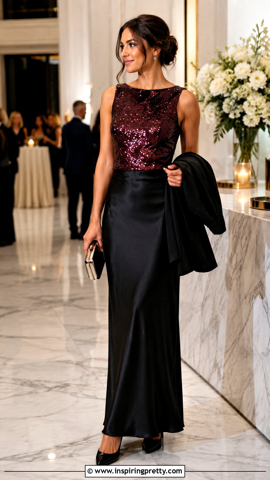 Maroon Sequin Top With Black Maxi Skirt - 50 maroon top outfit ideas
