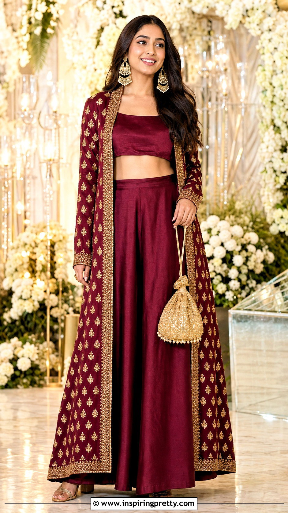 Maroon Silk Crop Top Palazzo With Zari Jacket - 25 crop top palazzo with jacket indian outfit ideas