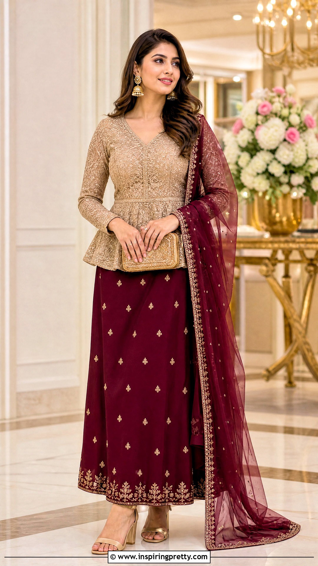 Maroon Skirt And Beige Peplum Top Outfit - 50 traditional skirt and top outfit ideas