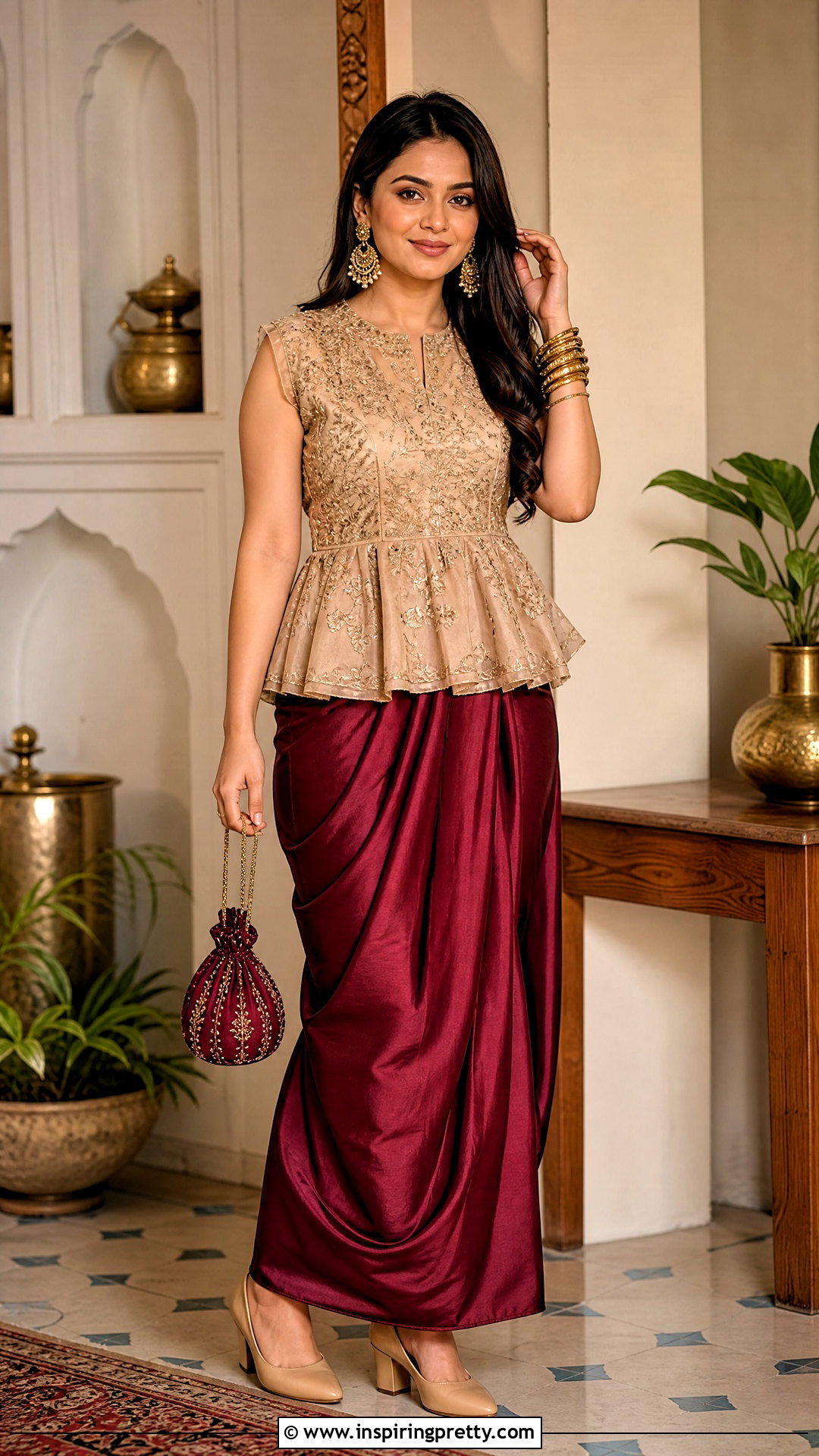 Maroon Skirt And Beige Peplum Top - 50 skirt and top traditional outfit ideas