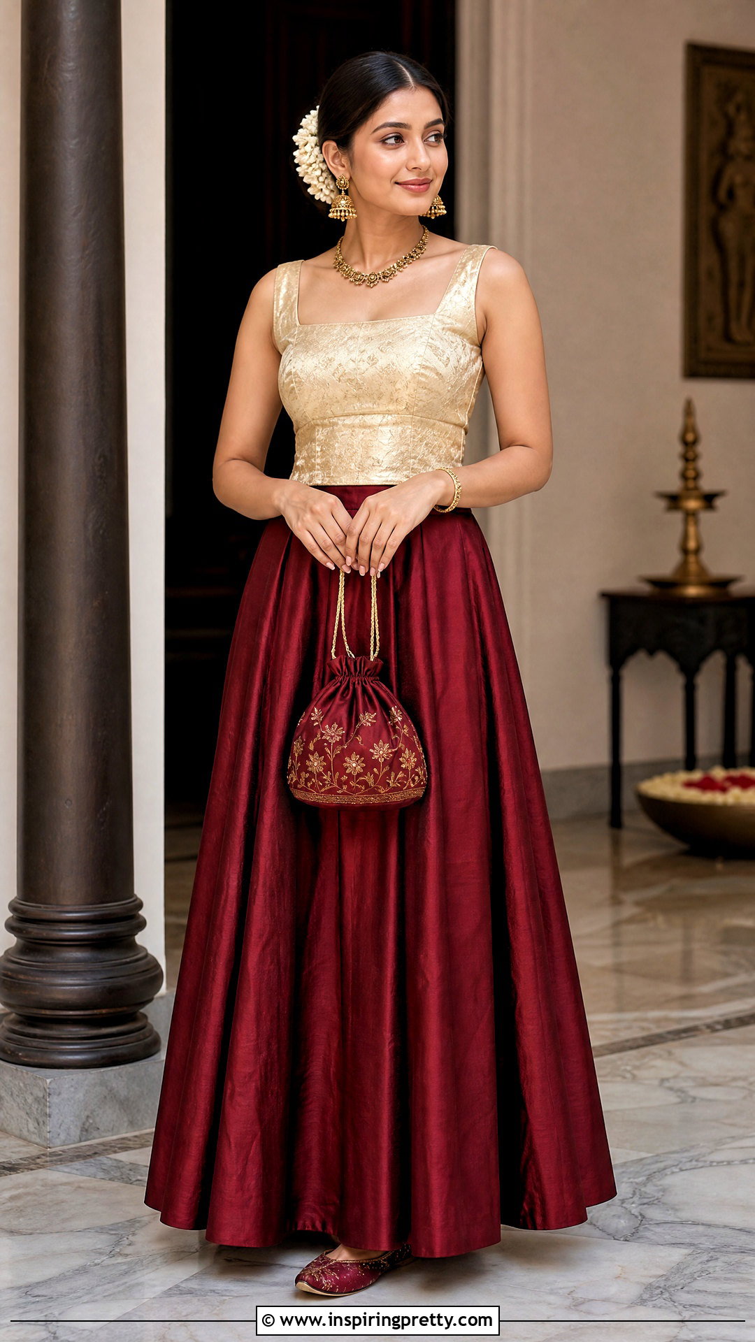 Maroon Skirt And Gold Brocade Top - 50 onam skirt and top designs