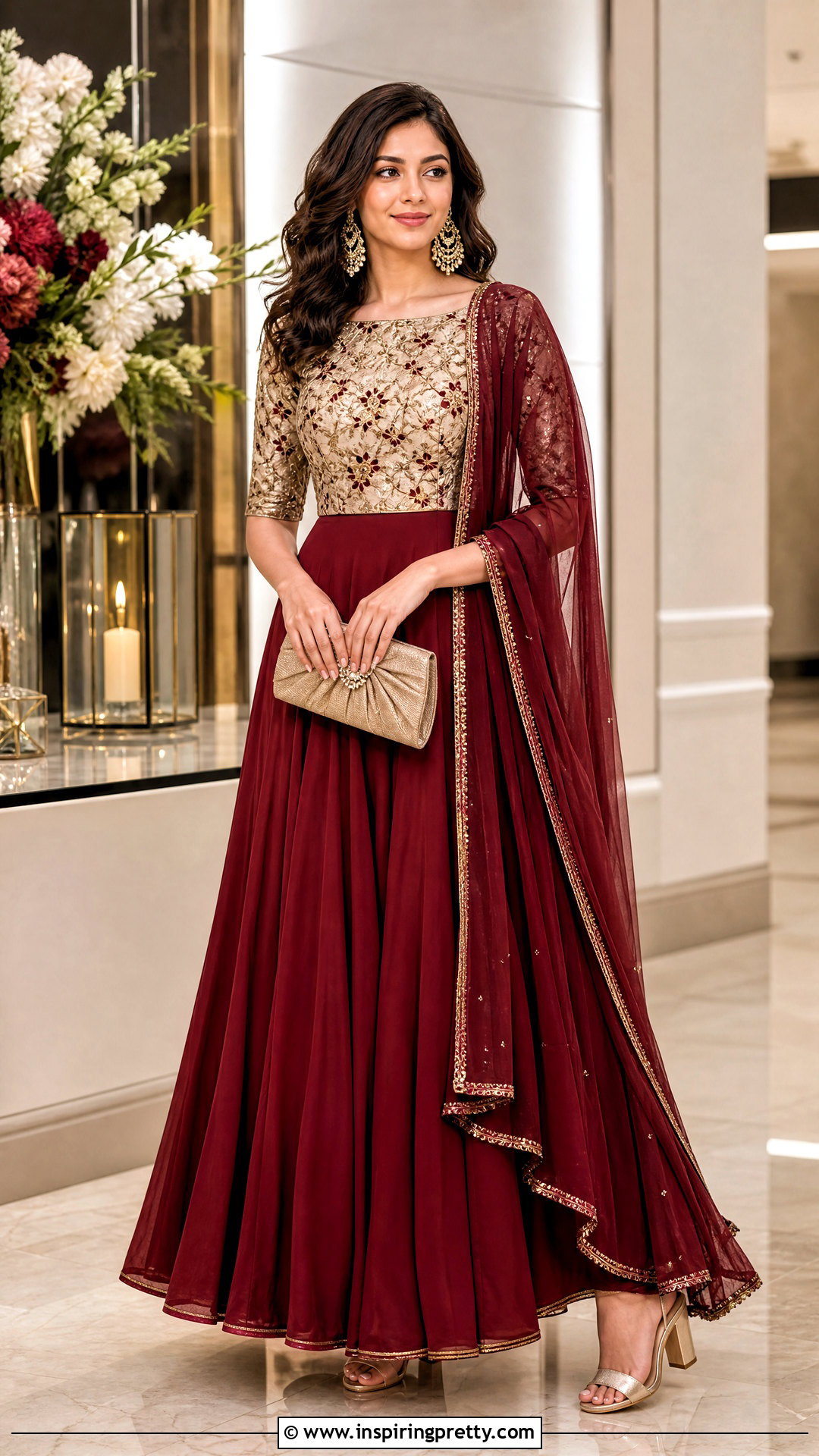 Maroon Skirt With Beige Brocade Top - 50 traditional skirt and top outfits