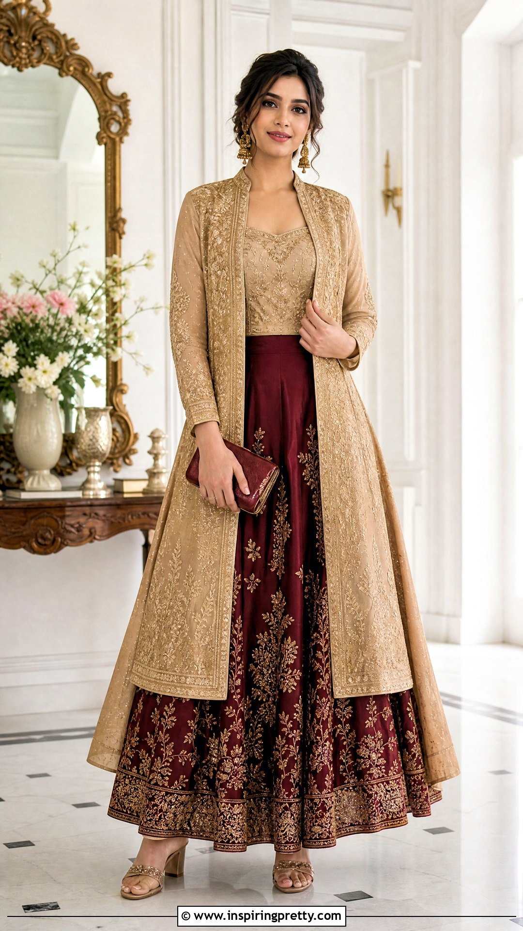 Maroon Skirt With Beige Jacket Top - 50 skirt top indian outfit ideas
