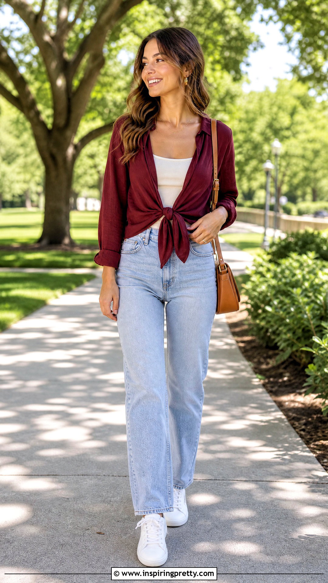 Maroon Tie Front Top With Light Jeans - 50 maroon top and jeans outfit ideas
