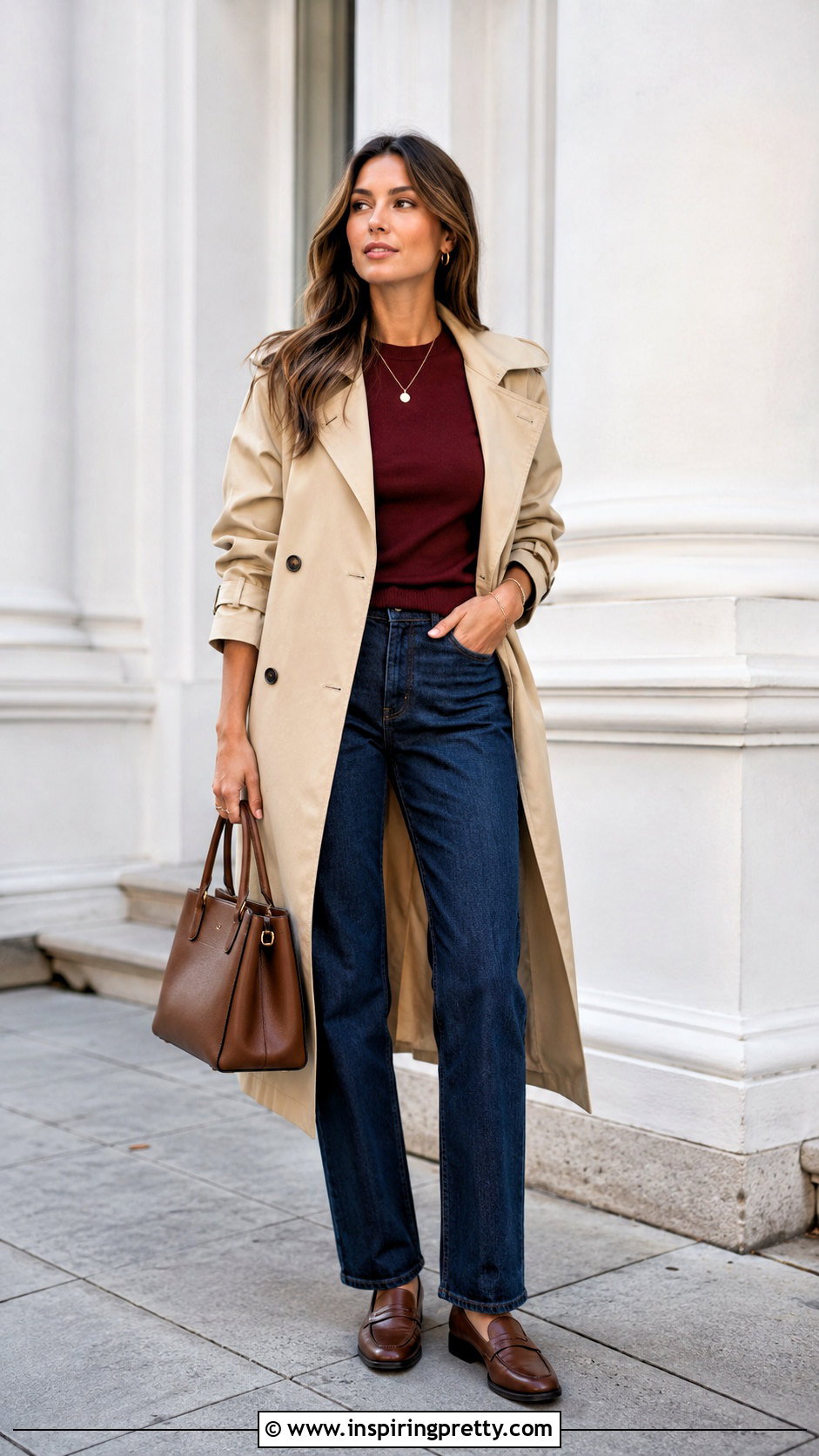 Maroon Top With Beige Trench Coat - 50 maroon top outfit ideas