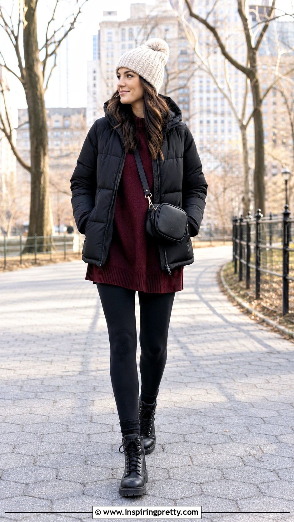 Maroon Top With Black Puffer And Leggings - 50 maroon top outfit ideas