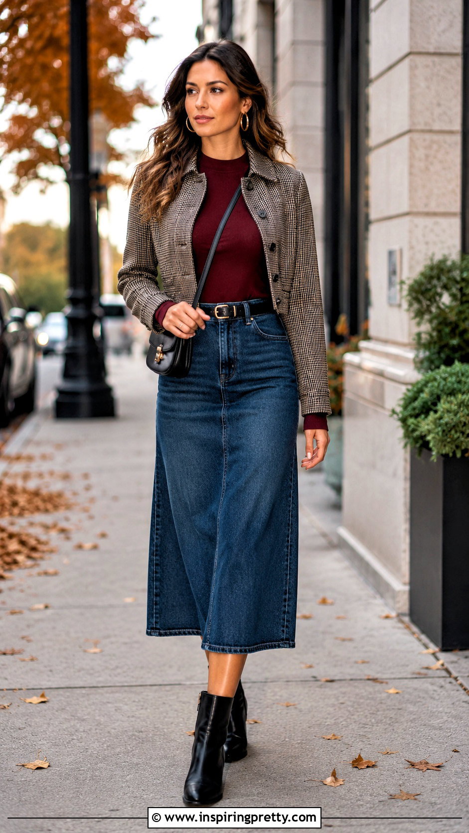 Maroon Top With Blue Denim Skirt - 20 maroon top outfit ideas