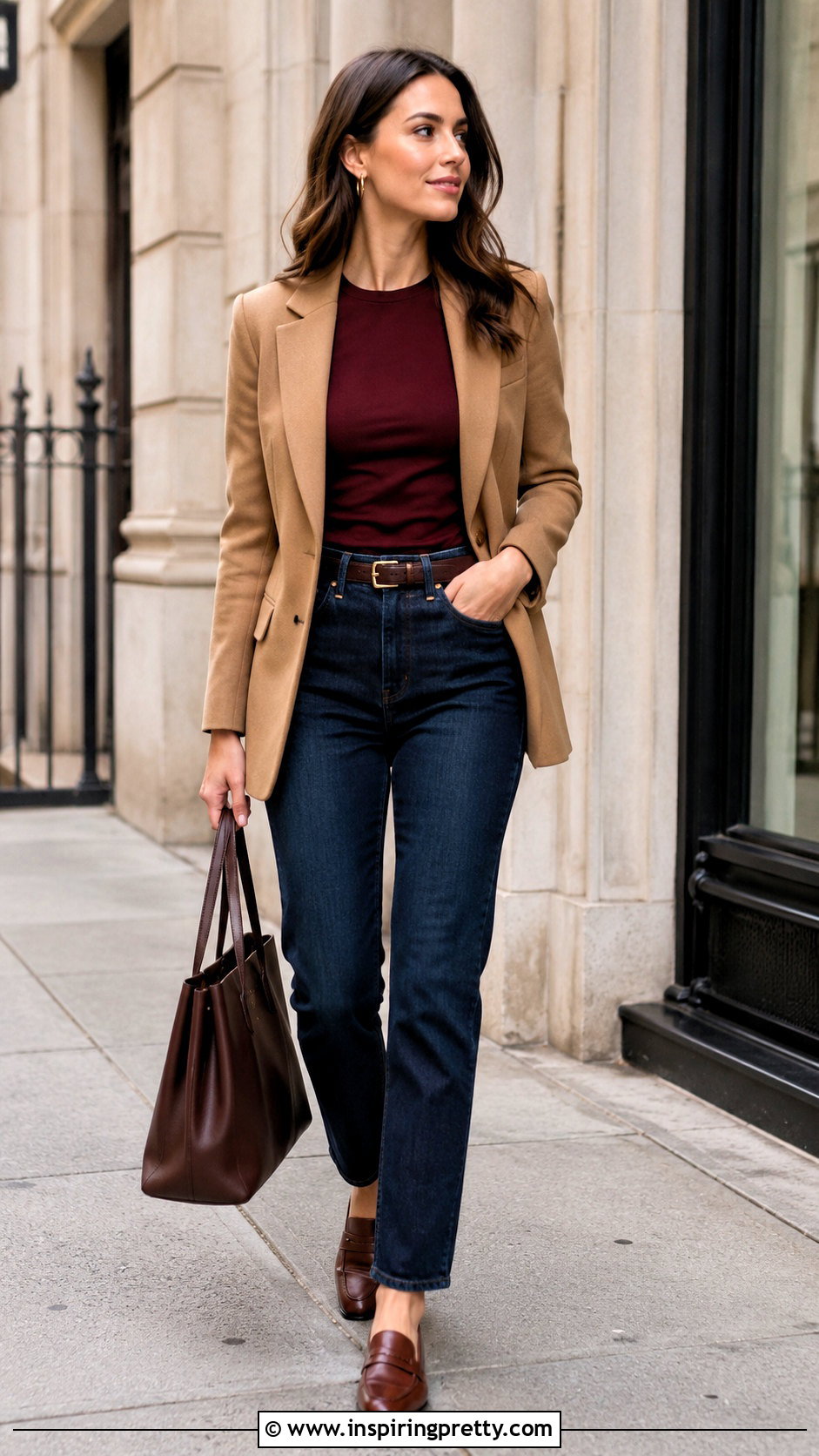 Maroon Top With Camel Blazer And Jeans - 20 maroon top outfit ideas