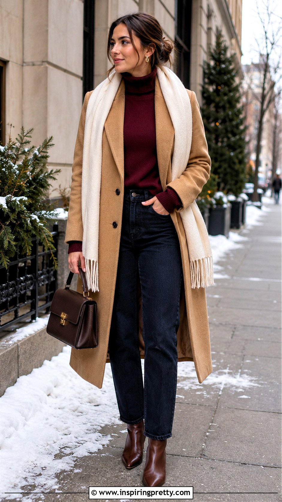 Maroon Top With Camel Coat And Jeans - 50 maroon top outfit ideas