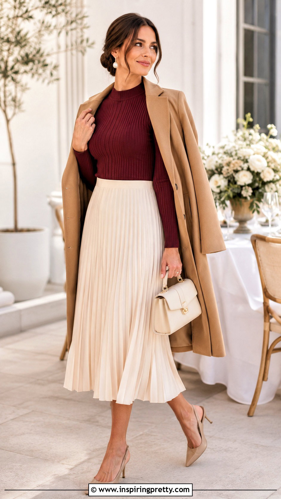 Maroon Top With Cream Midi Skirt - 20 maroon top outfit ideas