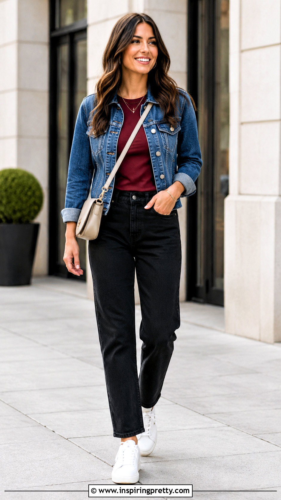 Maroon Top With Denim Jacket And Black Jeans - 50 maroon top outfit ideas