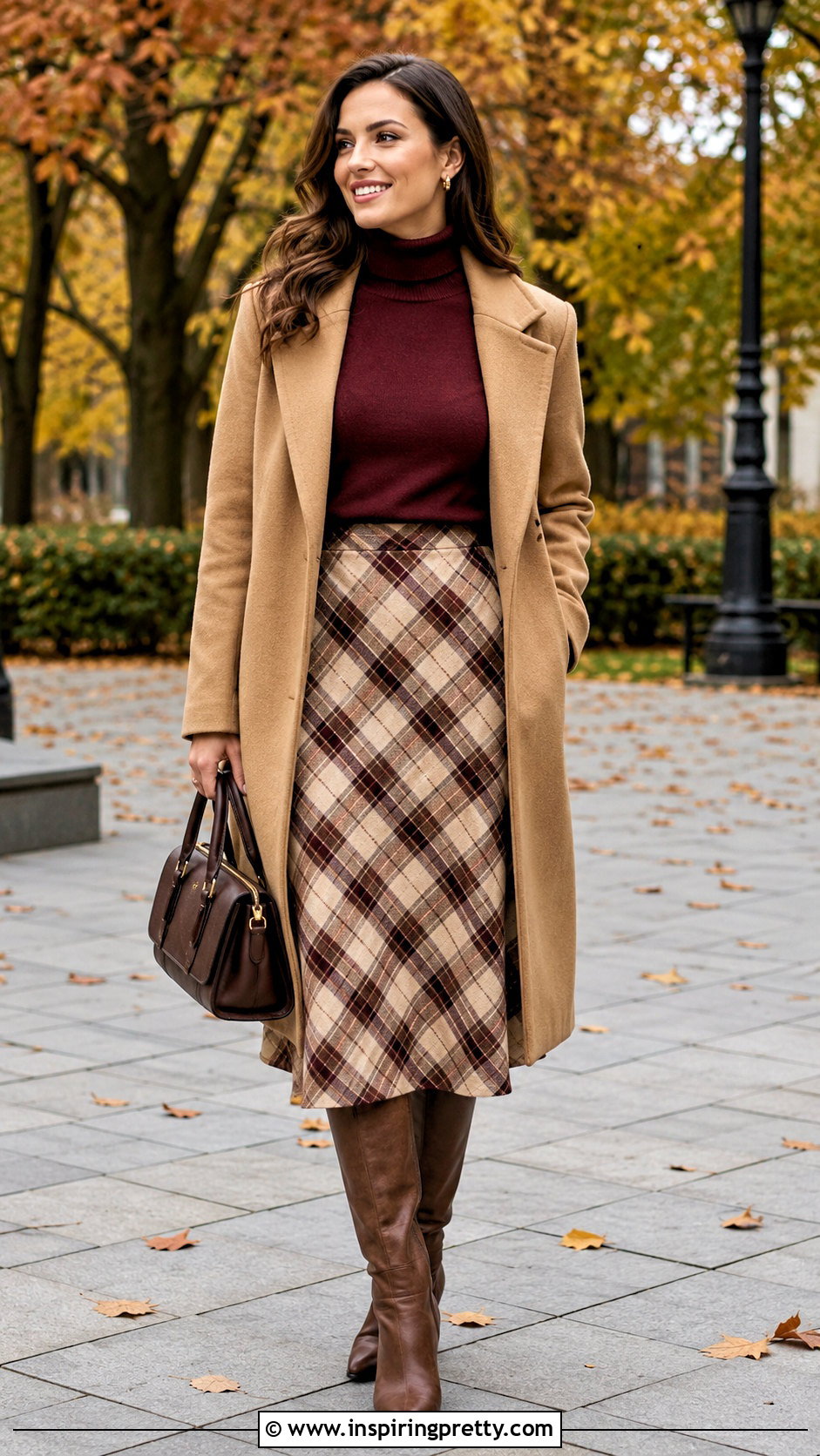 Maroon Top With Plaid Midi Skirt - 50 maroon top outfit ideas
