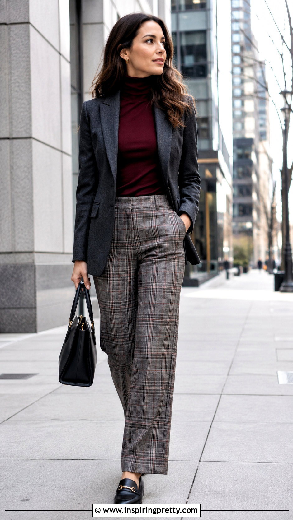 Maroon Turtleneck Top With Plaid Trousers - 50 maroon top outfit ideas