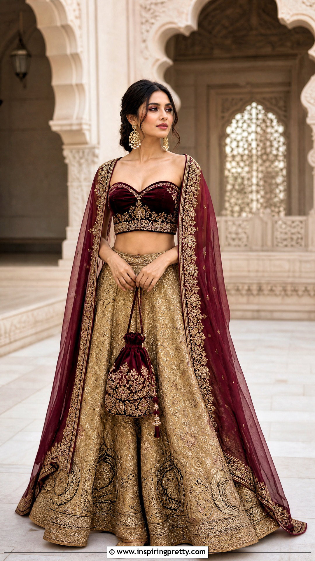Maroon Velvet Crop Top With Gold Lehenga - 50 velvet crop top designs for lehengas
