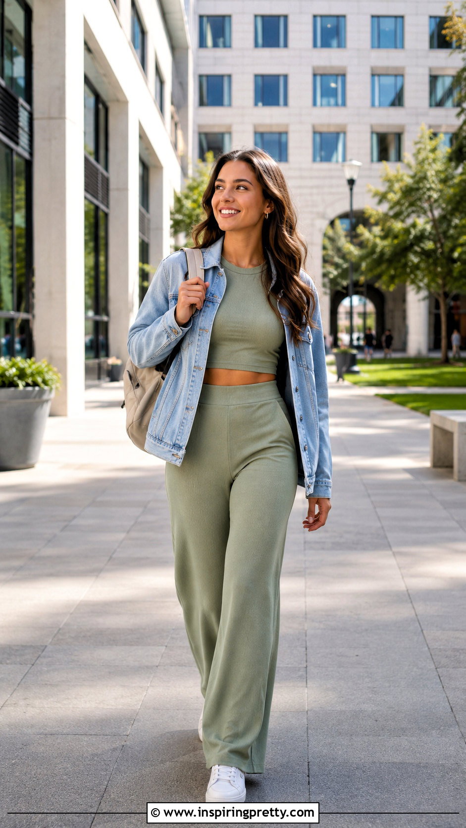Matching Crop Top and Pants Set With Denim Jacket - 20 cute crop tops for school outfit ideas