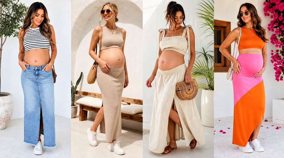 20 Maternity Skirt and Crop Top Outfit Ideas for Moms-to-Be