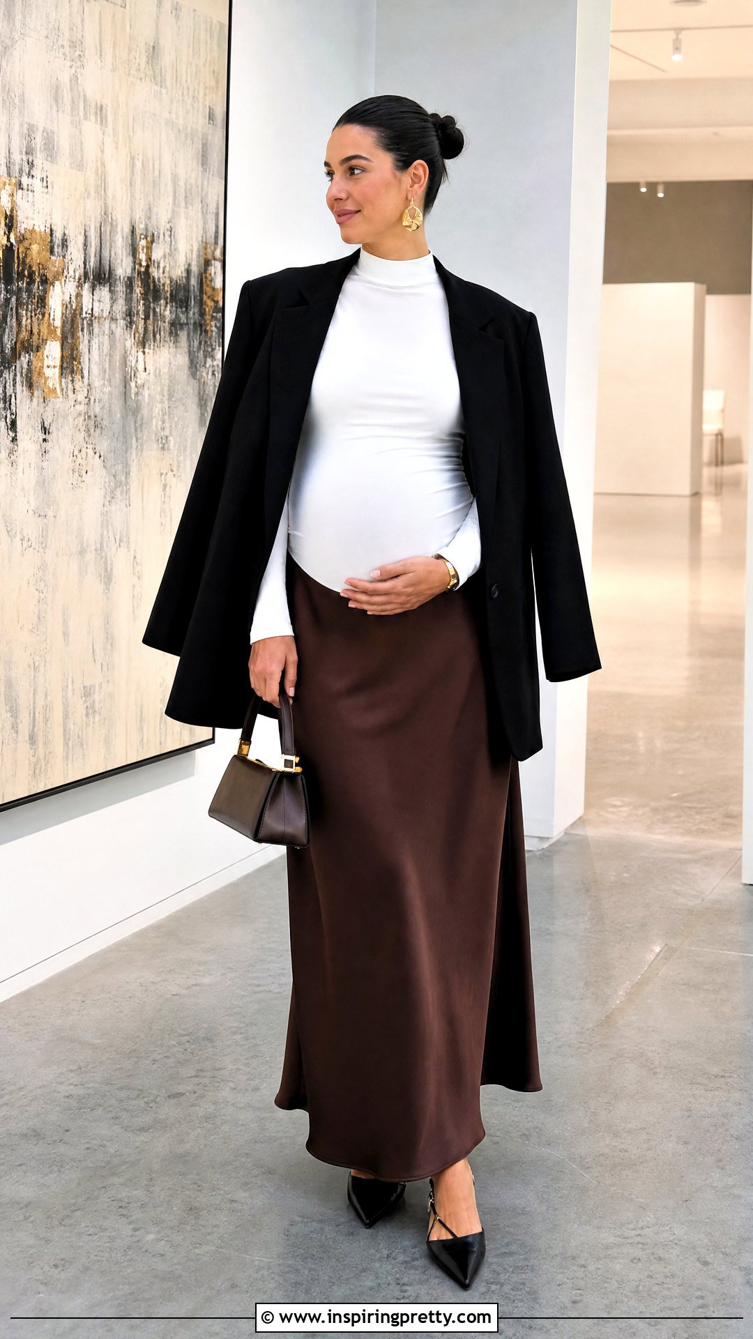 Maternity White Mock Neck Top With Slip Skirt - 20 maternity white top outfit ideas