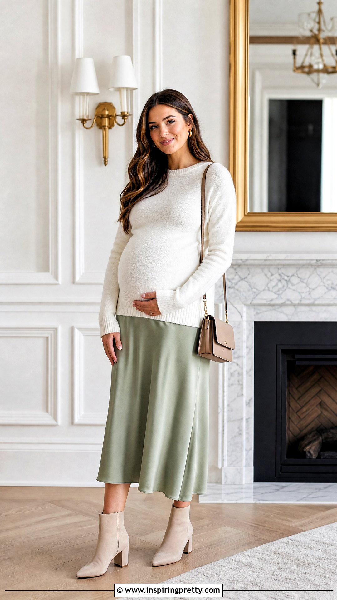 Maternity White Sweater With Satin Midi Skirt - 20 maternity white top outfit ideas