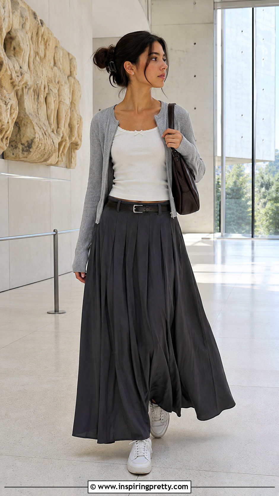 Matilda Top With A Pleated Maxi Skirt And Sneakers - 20 Brandy Melville Matilda Top outfit ideas