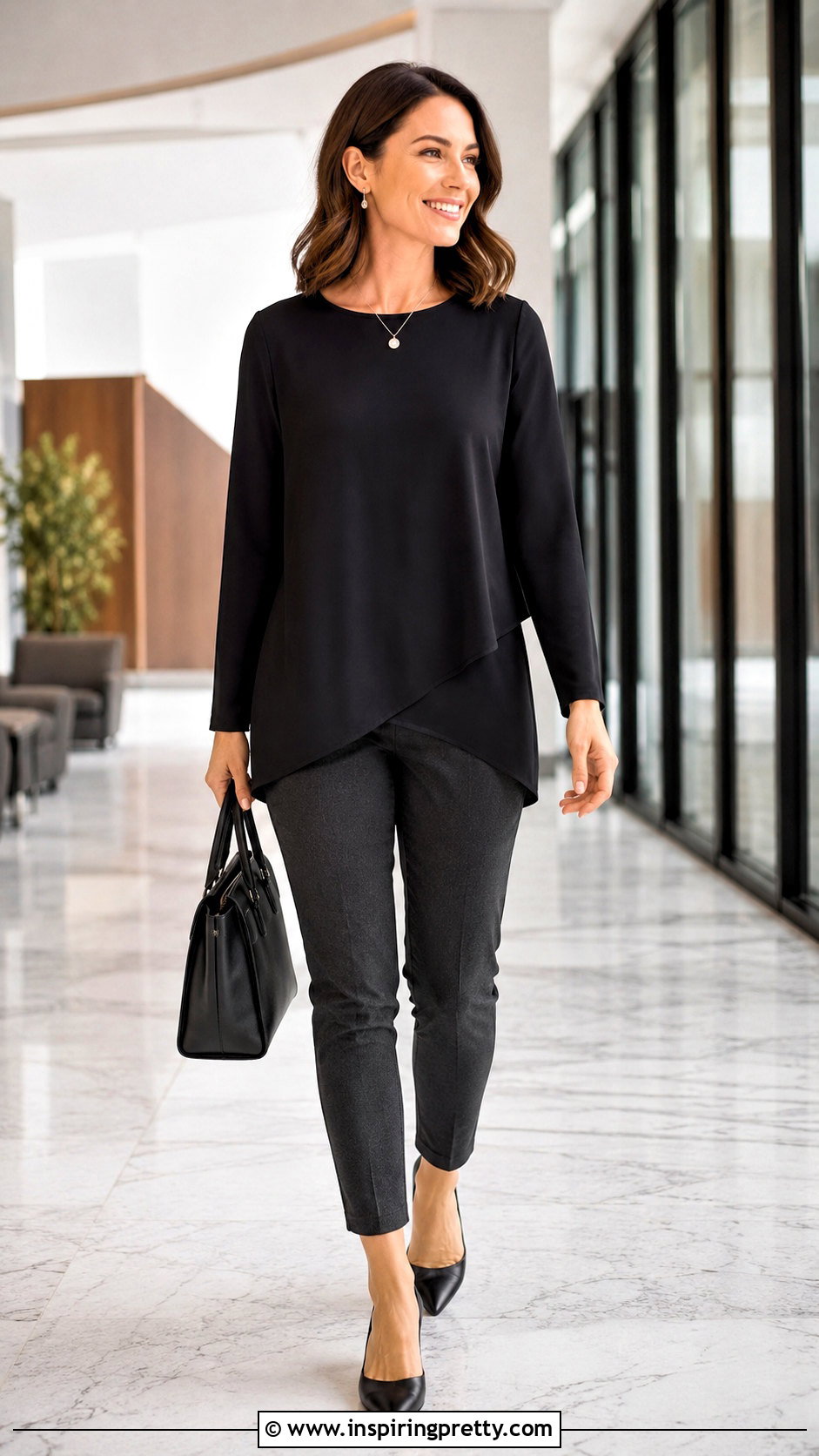 Matty M Asymmetrical Blouse With Slim Pants - 20 matty m tops outfit ideas
