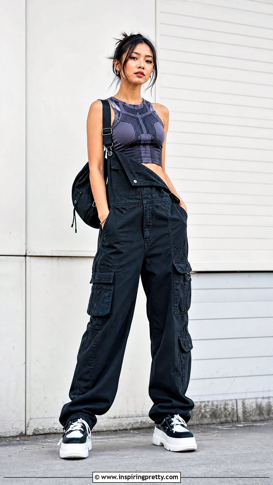 Mecha Crop Top Under Black Overalls - 20 Mecha Crop Top outfit ideas